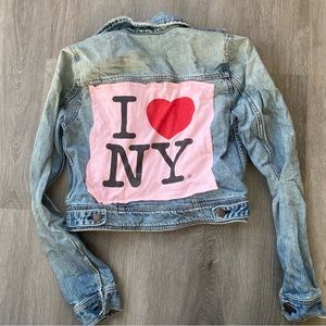 American Eagle I love NYC up cycled jean jacket size small